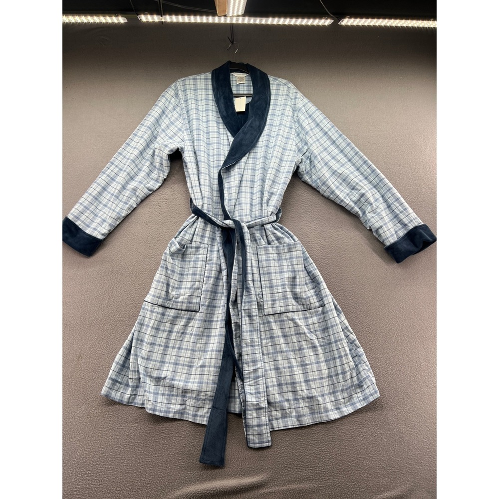 The Company Store Robe Mens S/M Blue Plaid Cotton Robe Shawl Collar Lined NWT